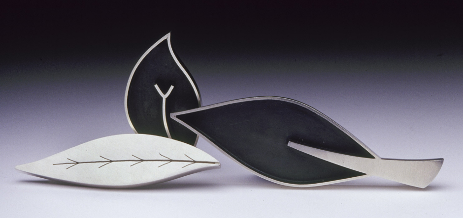 three silver leaf brooches in a group made by diana greenwood