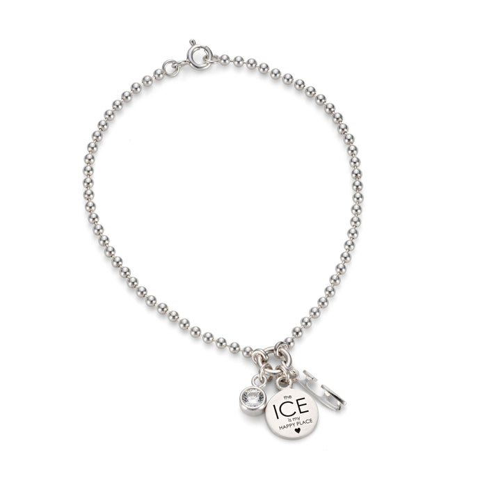 silver ice charms bracelet on a white background with a sparkly charm, a silver ice skate blade and an engraved motto charm