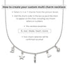 instructions on how to create your multi charm necklace with a charm necklace on a white background