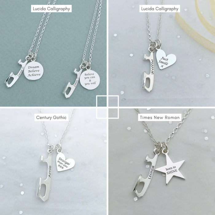 image collage of four different ice skate blade and charm necklaces are available