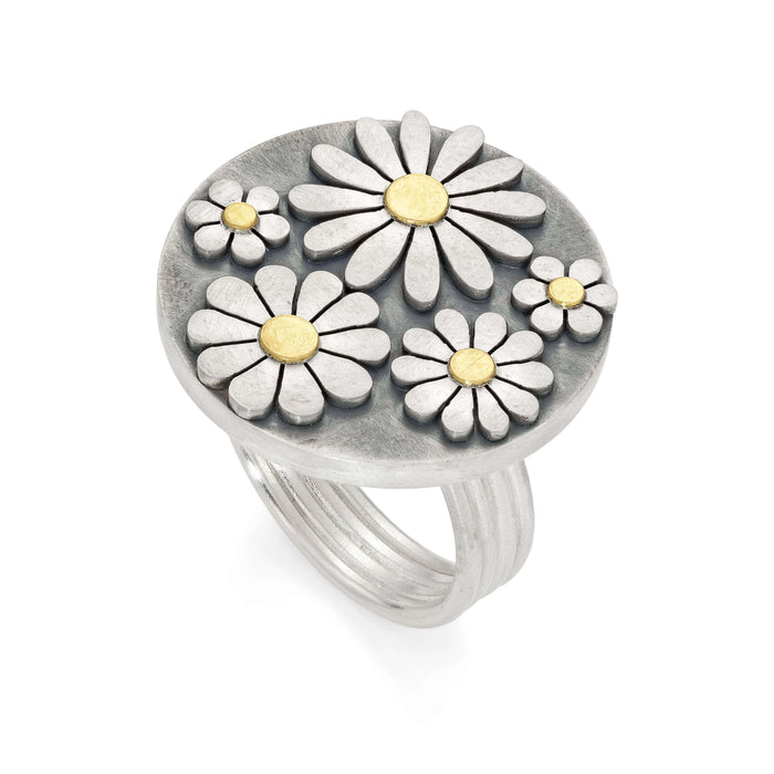 Silver ring with daisy flower designs on a white background