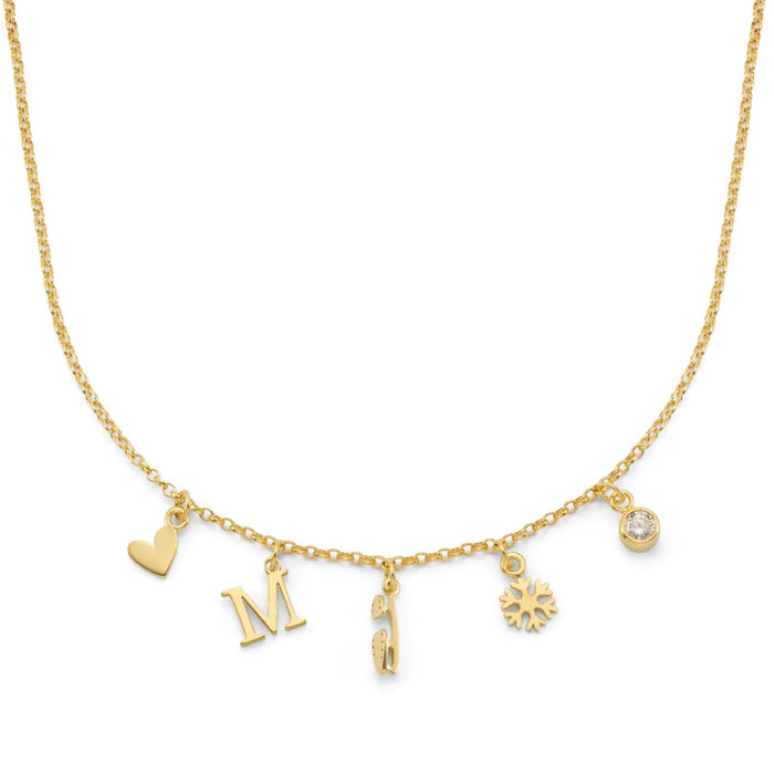 Gold necklace with various charms on a white background