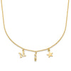 Gold necklace with 'M' , ice skate blade and star charms on a white background