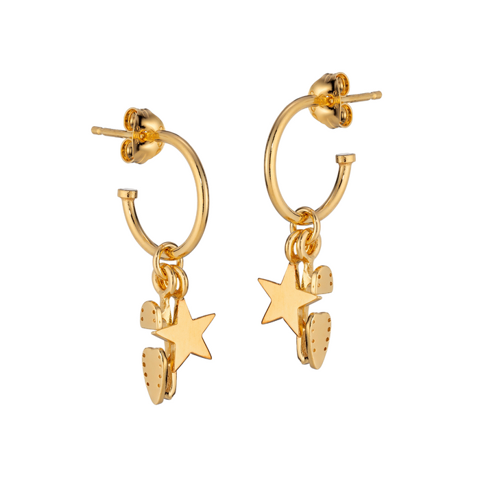 gold stud hoop earrings with star and skate blade charms, on a white background