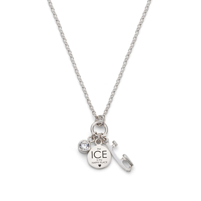 silver ice skating necklace on a white background featuring a blade, a sparkly stone and an engraved skating motto