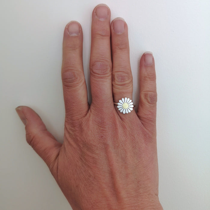 Hand wearing a silver ring with a white flower design on a plain background