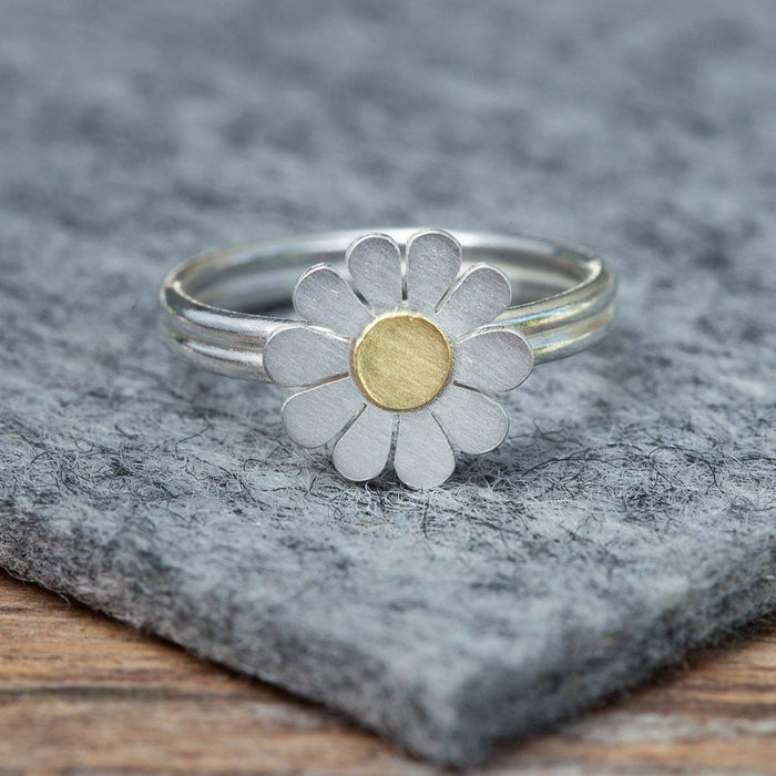 Silver daisy-shaped ring with a gold center on a gray felt surface