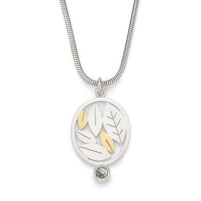 oval leaves pendant necklace with a green sapphire | Diana Greenwood Jewellery