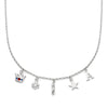 Silver Necklace with various charms including a crown, ice skate blade, snowflake, star, and letter 'A' on a white background.