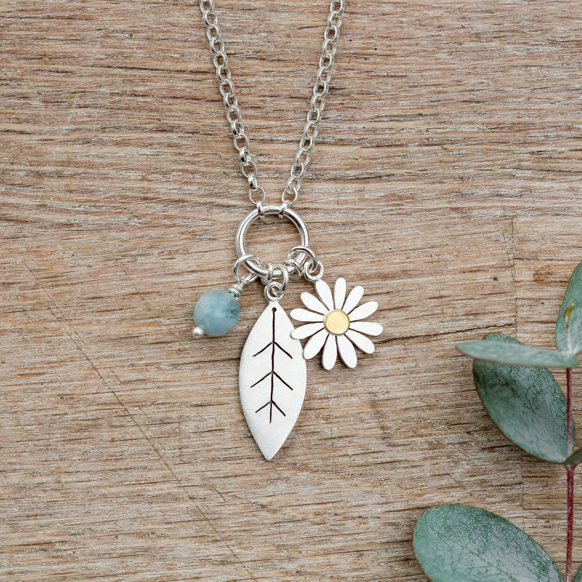 Aster Flower and Leaf Charm Necklace Diana Greenwood Jewellery