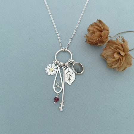 Daisy, Leaf and Sapphire Garden Charms Necklace | Diana Greenwood Jewellery