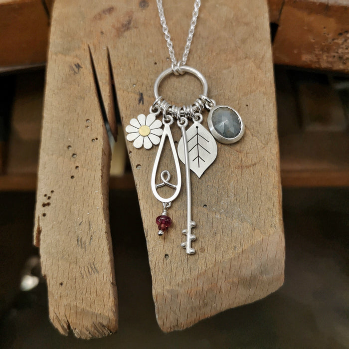 Daisy, Leaf and Sapphire Garden Charms Necklace | Diana Greenwood Jewellery