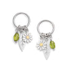 a pair of botanical earrings with daisies and leaves and green periots, on a white background