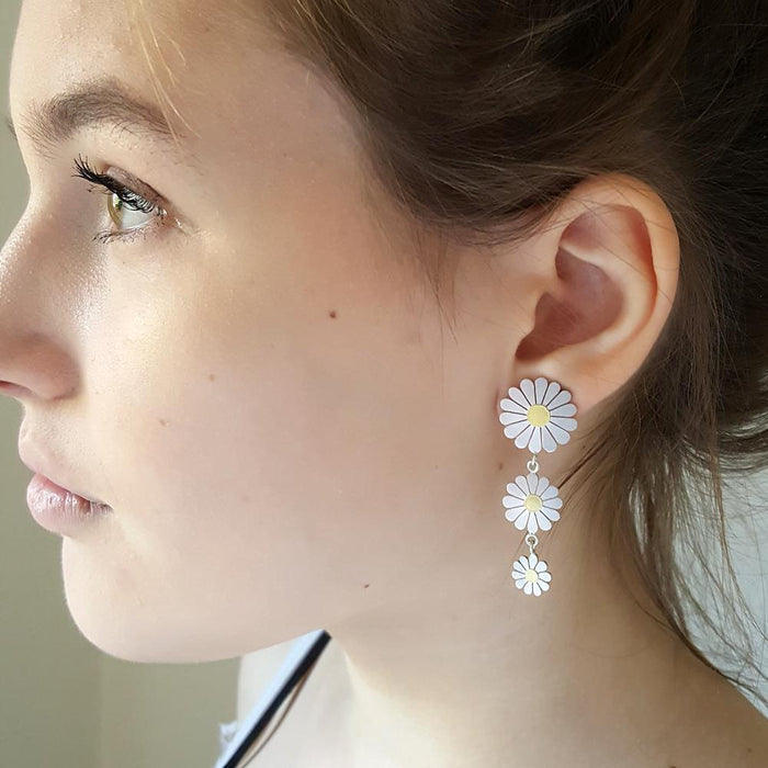 Triple daisy drop earrings - Diana Greenwood Jewellery
